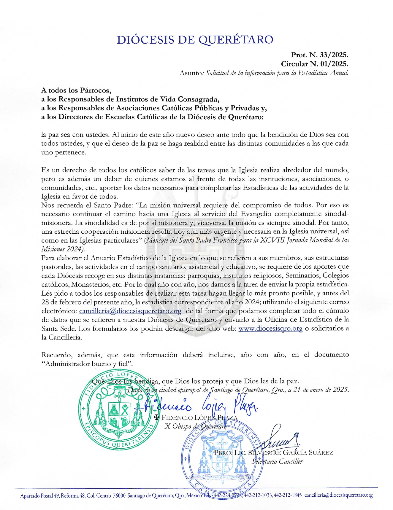 Prot. N. 33/2025. Circular N. 01/2025. Asunto: Solicitud de la información para la Estadística Anual.